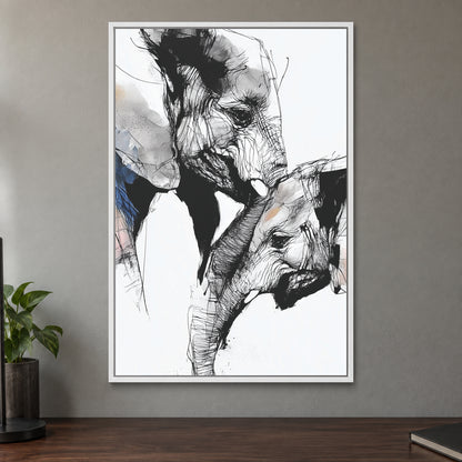 Elephant and Calf Nose to Nose framed canvas in a white floating frame on a taupe wall above a dark walnut sideboard with a potted plant