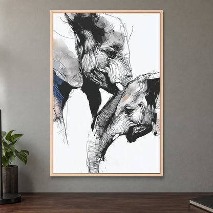 Elephant and Calf Nose to Nose framed canvas in a natural wood floating frame on a taupe wall above a dark walnut sideboard with a potted plant