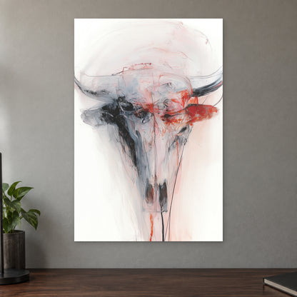 Longhorn Skull in Red and White canvas wall art on a taupe wall above a dark walnut sideboard with a potted plant