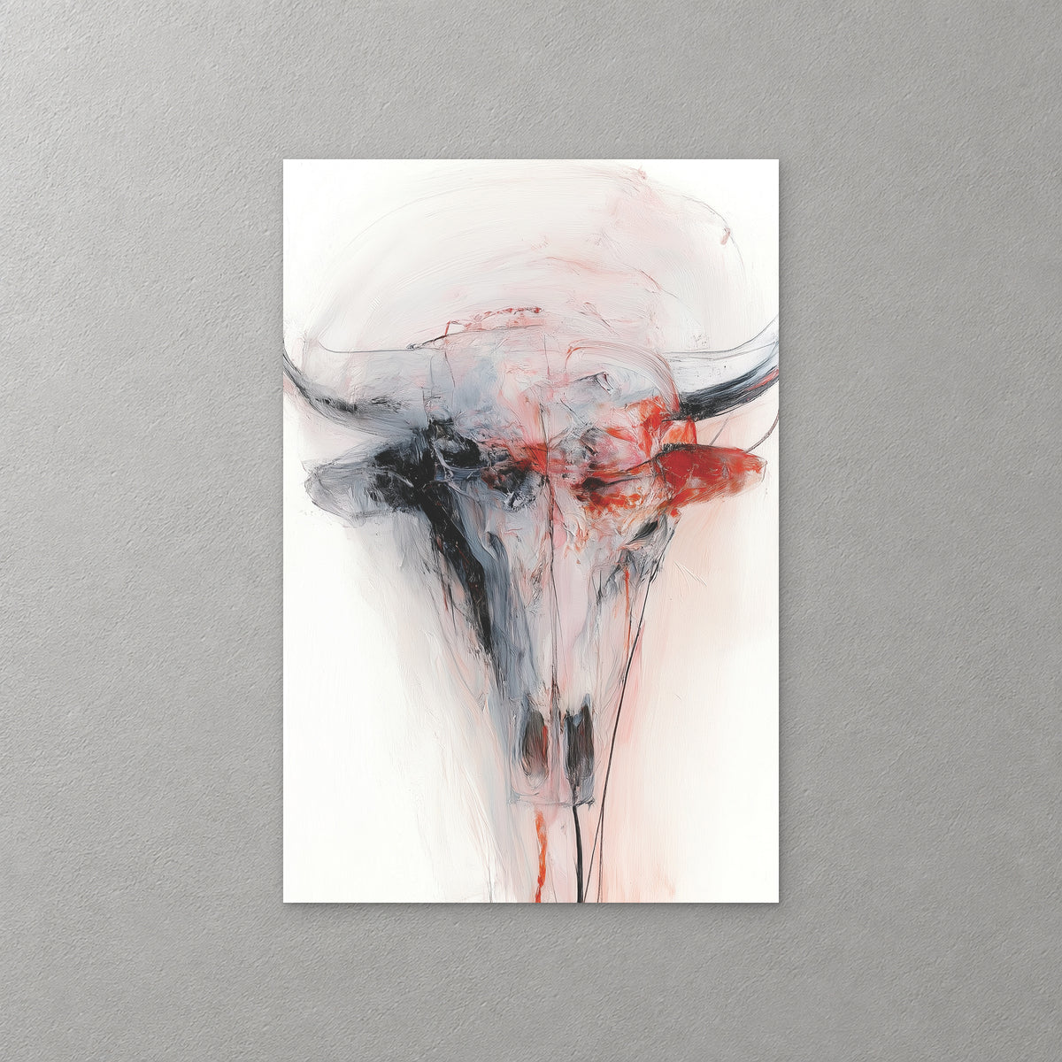 A longhorn skull in smoky grey and black washes with a streak of red across the horns, on a soft white ground — canvas wall art print