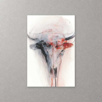A longhorn skull in smoky grey and black washes with a streak of red across the horns, on a soft white ground — canvas wall art print