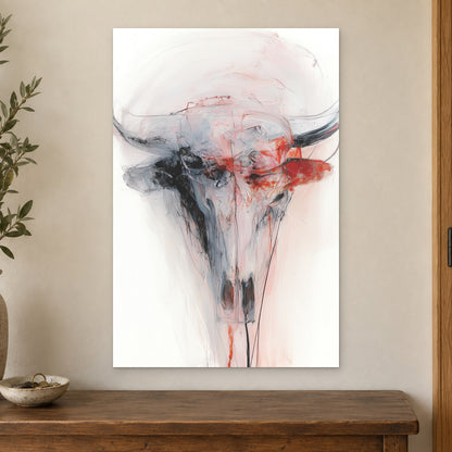 Longhorn Skull in Red and White canvas wall art on a cream wall above a wooden sideboard beside a door frame