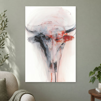 Longhorn Skull in Red and White canvas wall art on a sage green wall beside a cream armchair