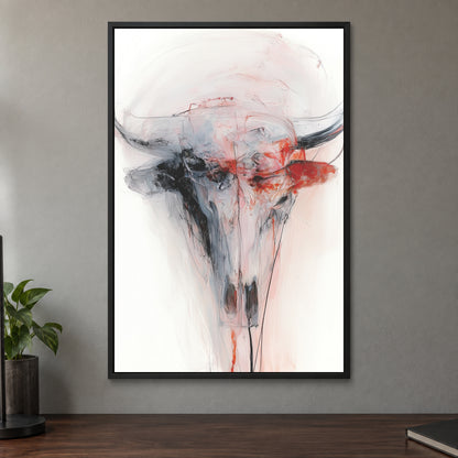 Longhorn Skull in Red and White framed canvas in a black floating frame on a taupe wall above a dark walnut sideboard with a potted plant