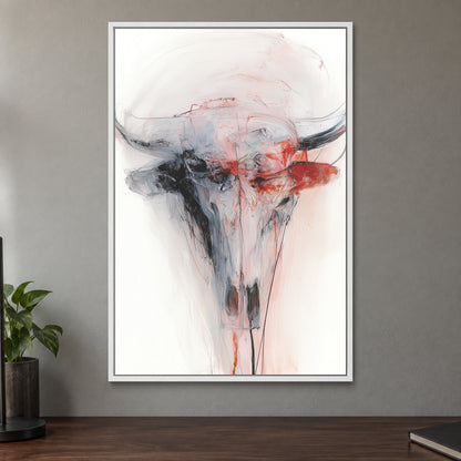 Longhorn Skull in Red and White framed canvas in a white floating frame on a taupe wall above a dark walnut sideboard with a potted plant