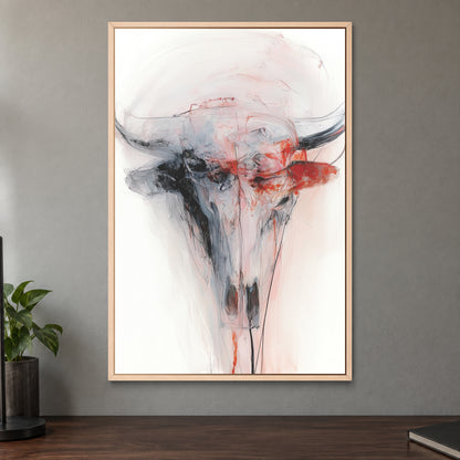 Longhorn Skull in Red and White framed canvas in a natural wood floating frame on a taupe wall above a dark walnut sideboard with a potted plant