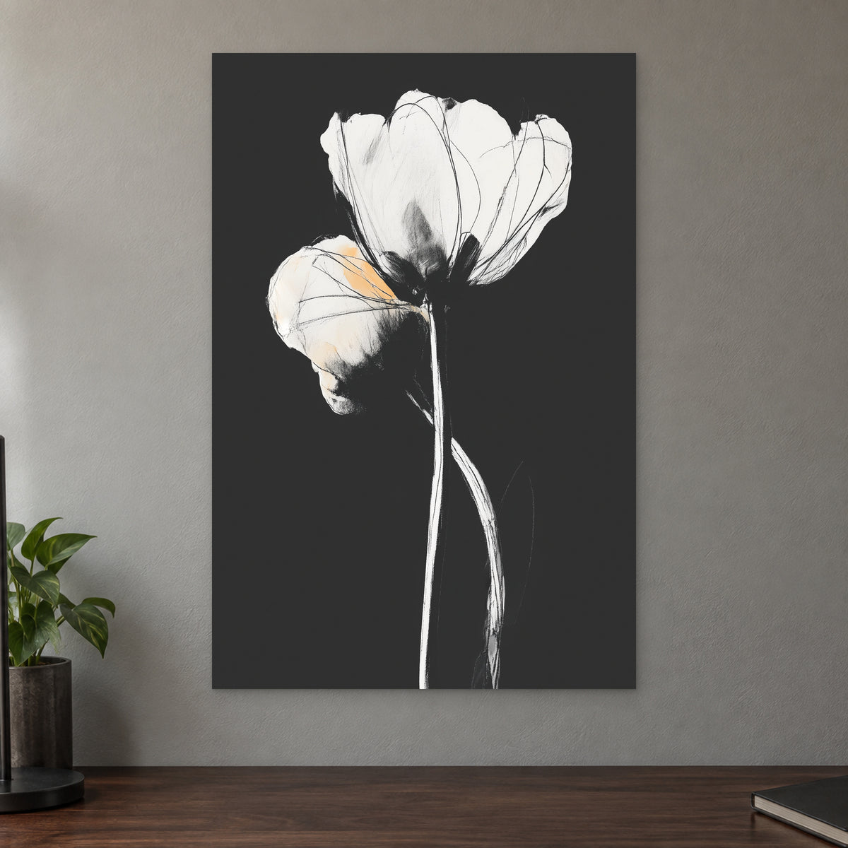 White Tulips on Black canvas wall art on a taupe wall above a dark walnut sideboard with a potted plant