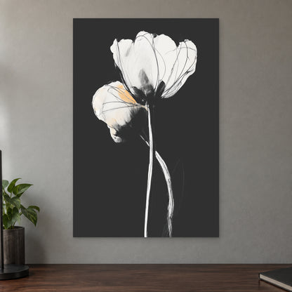 White Tulips on Black canvas wall art on a taupe wall above a dark walnut sideboard with a potted plant