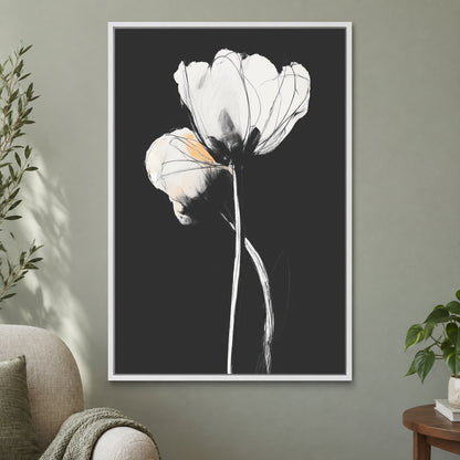 White Tulips on Black framed canvas in a white floating frame on a sage green wall beside a cream armchair