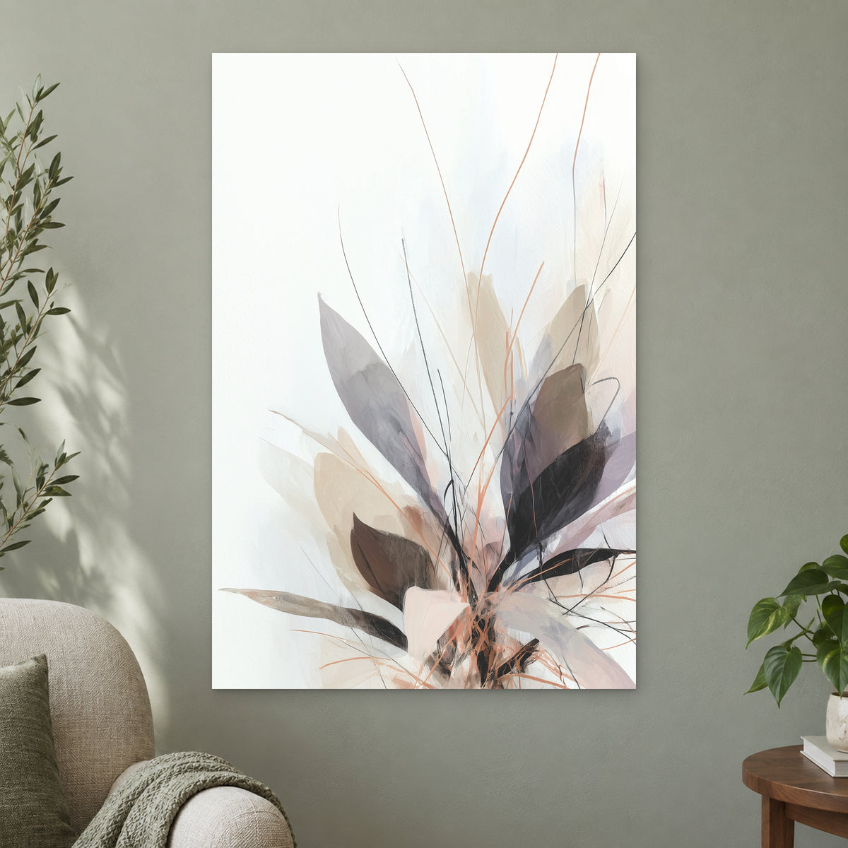 Soft Botanical Sweep Neutral canvas wall art on a sage green wall beside a cream armchair