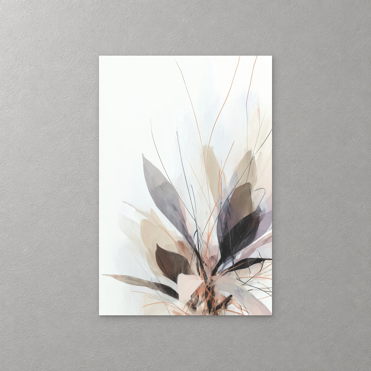 Soft petals in taupe, blush and grey fan out from the base in a loose sweep, with fine lines on a white ground — canvas wall art print