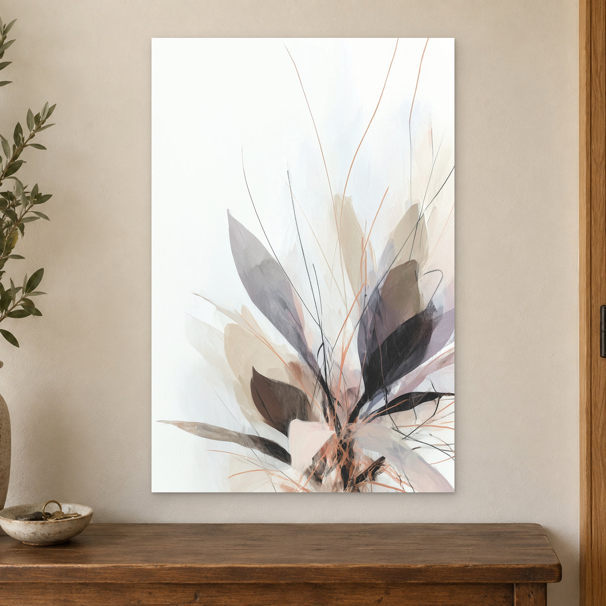 Soft Botanical Sweep Neutral canvas wall art on a cream wall above a wooden sideboard beside a door frame