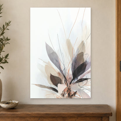 Soft Botanical Sweep Neutral canvas wall art on a cream wall above a wooden sideboard beside a door frame