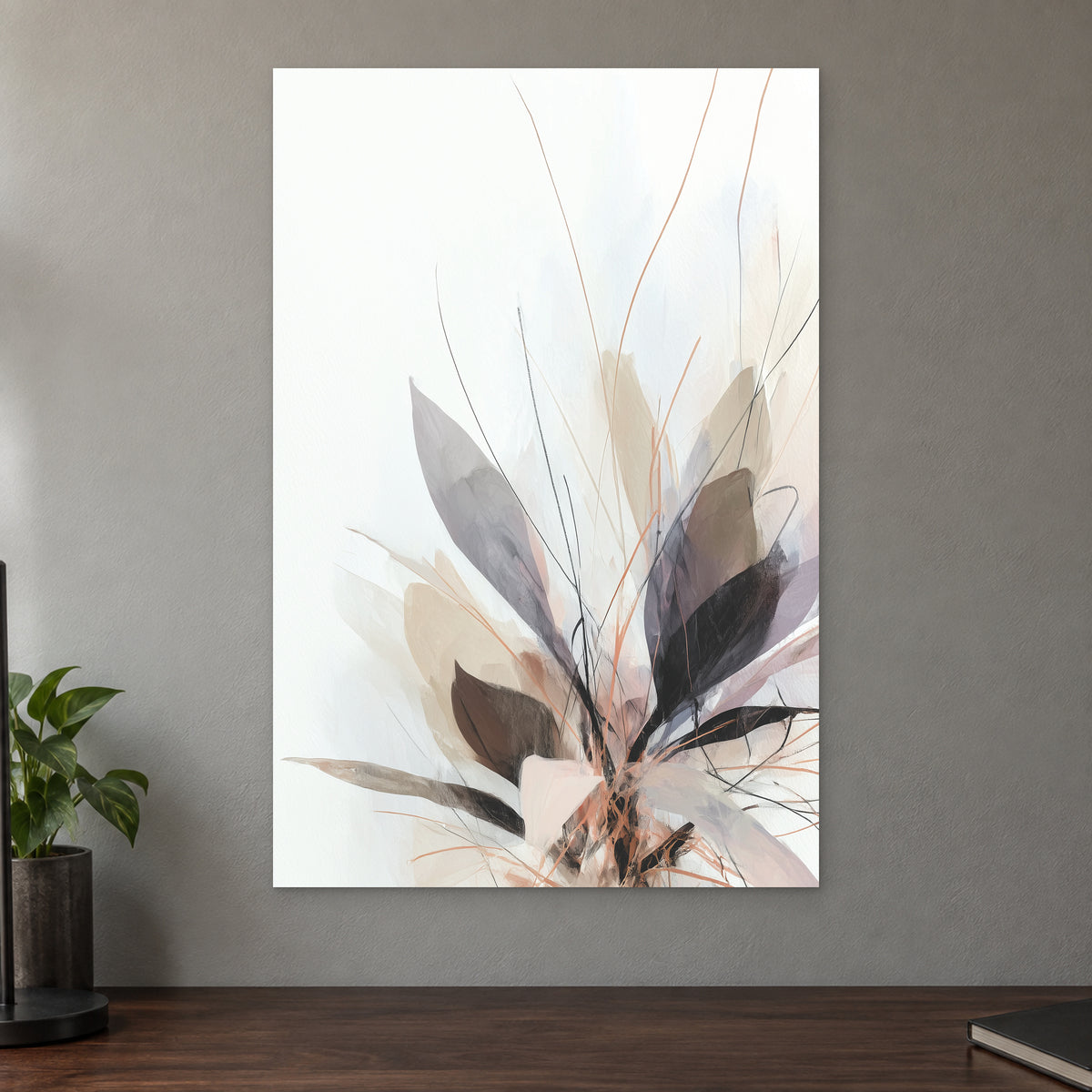 Soft Botanical Sweep Neutral canvas wall art on a taupe wall above a dark walnut sideboard with a potted plant