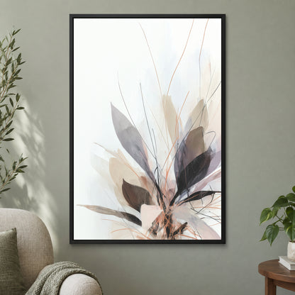 Soft Botanical Sweep Neutral framed canvas in a black floating frame on a sage green wall beside a cream armchair