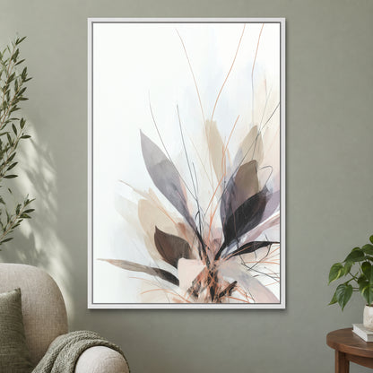 Soft Botanical Sweep Neutral framed canvas in a white floating frame on a sage green wall beside a cream armchair