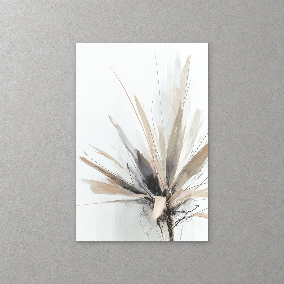 Long leaves of taupe, grey and black burst outward from a single point like a sunburst, on a white ground — canvas wall art print