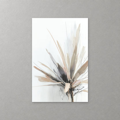 Long leaves of taupe, grey and black burst outward from a single point like a sunburst, on a white ground — canvas wall art print