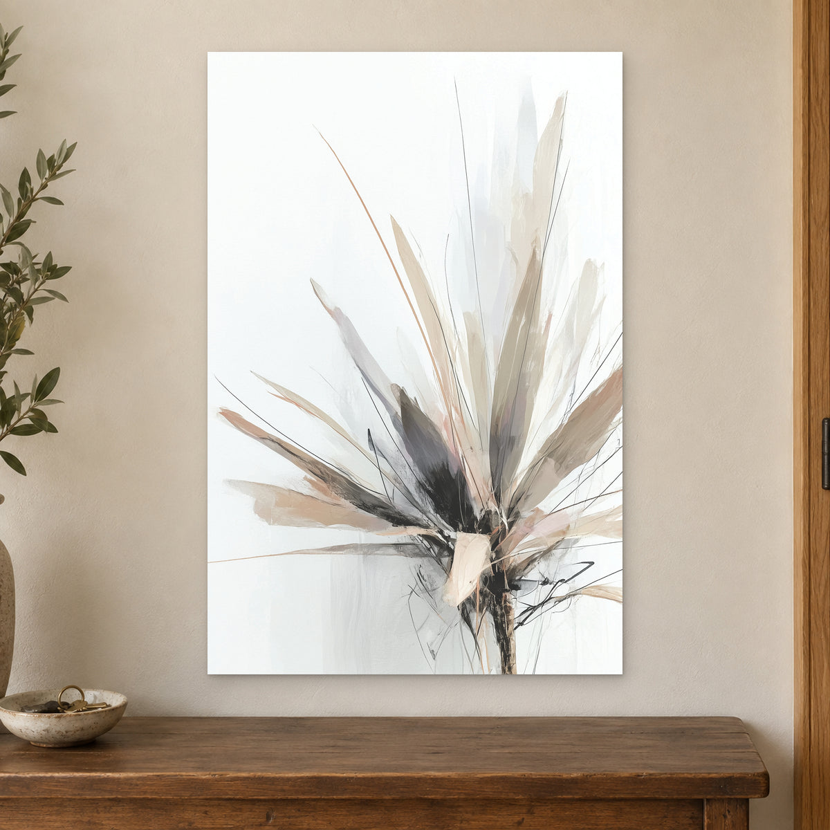 Botanical Sunburst canvas wall art on a cream wall above a wooden sideboard beside a door frame