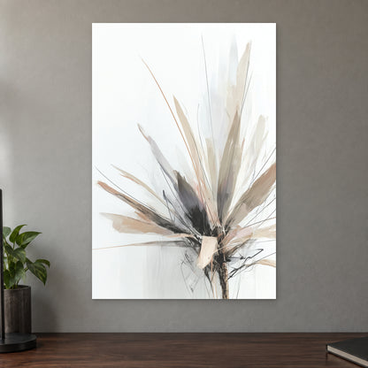 Botanical Sunburst canvas wall art on a taupe wall above a dark walnut sideboard with a potted plant