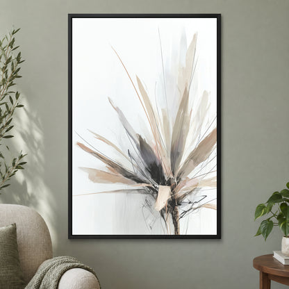 Botanical Sunburst framed canvas in a black floating frame on a sage green wall beside a cream armchair