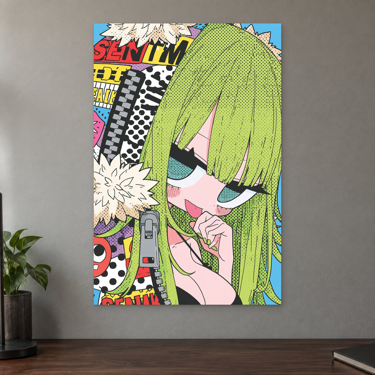 Manga Girl Says Shush canvas wall art on a taupe wall above a dark walnut sideboard with a potted plant