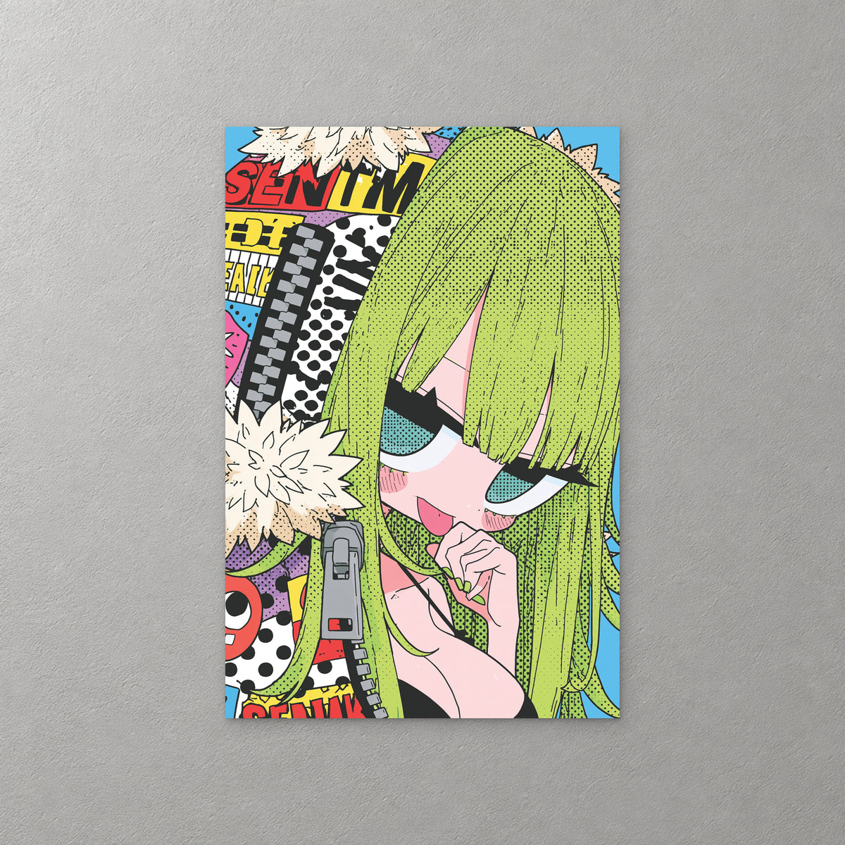 A manga girl with long green hair raises a finger to her lips, against a busy comic background of dots, zips and bright colour — canvas wall art print