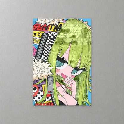 A manga girl with long green hair raises a finger to her lips, against a busy comic background of dots, zips and bright colour — canvas wall art print