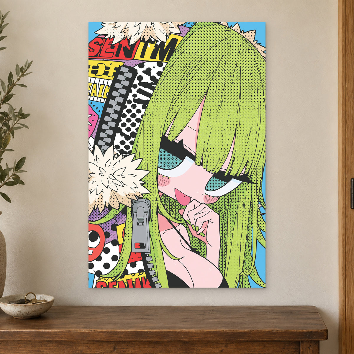 Manga Girl Says Shush canvas wall art on a cream wall above a wooden sideboard beside a door frame