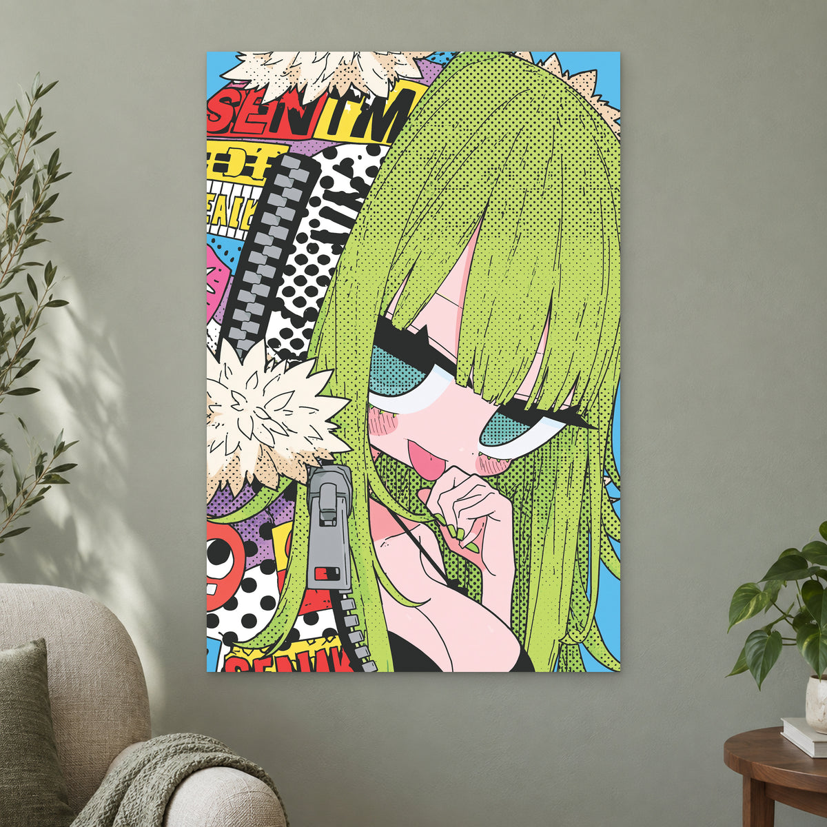 Manga Girl Says Shush canvas wall art on a sage green wall beside a cream armchair