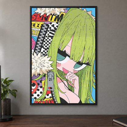 Manga Girl Says Shush framed canvas in a black floating frame on a taupe wall above a dark walnut sideboard with a potted plant