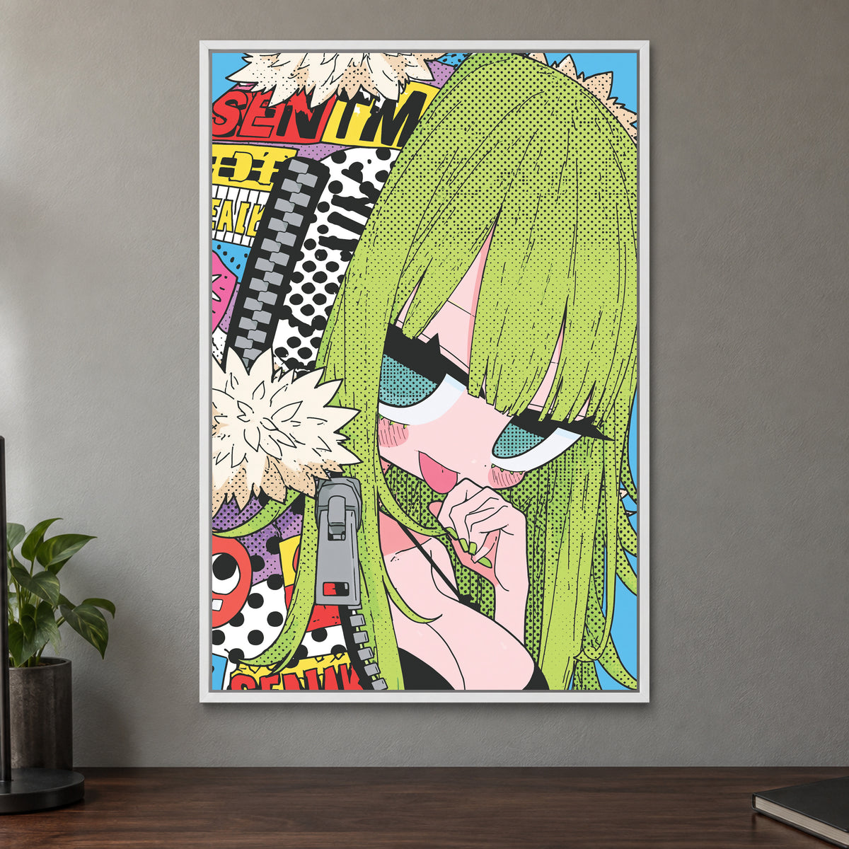 Manga Girl Says Shush framed canvas in a white floating frame on a taupe wall above a dark walnut sideboard with a potted plant