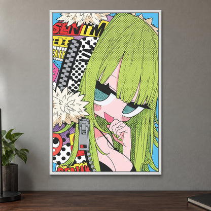 Manga Girl Says Shush framed canvas in a white floating frame on a taupe wall above a dark walnut sideboard with a potted plant