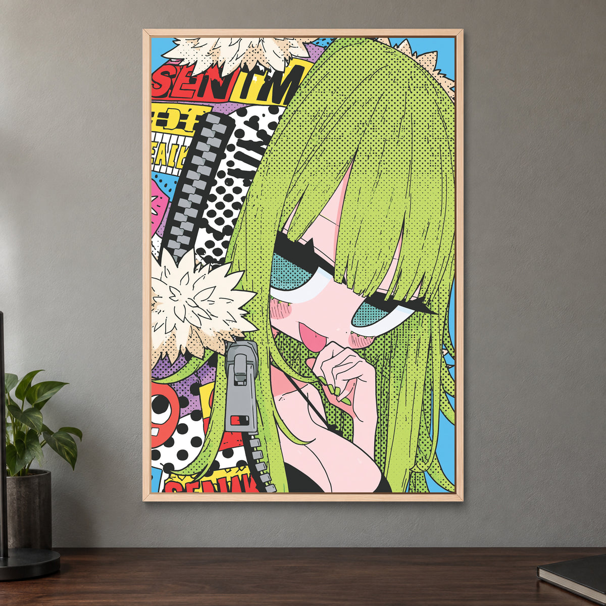 Manga Girl Says Shush framed canvas in a natural wood floating frame on a taupe wall above a dark walnut sideboard with a potted plant
