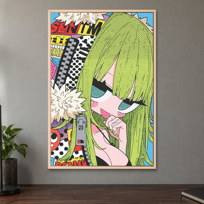 Manga Girl Says Shush framed canvas in a natural wood floating frame on a taupe wall above a dark walnut sideboard with a potted plant