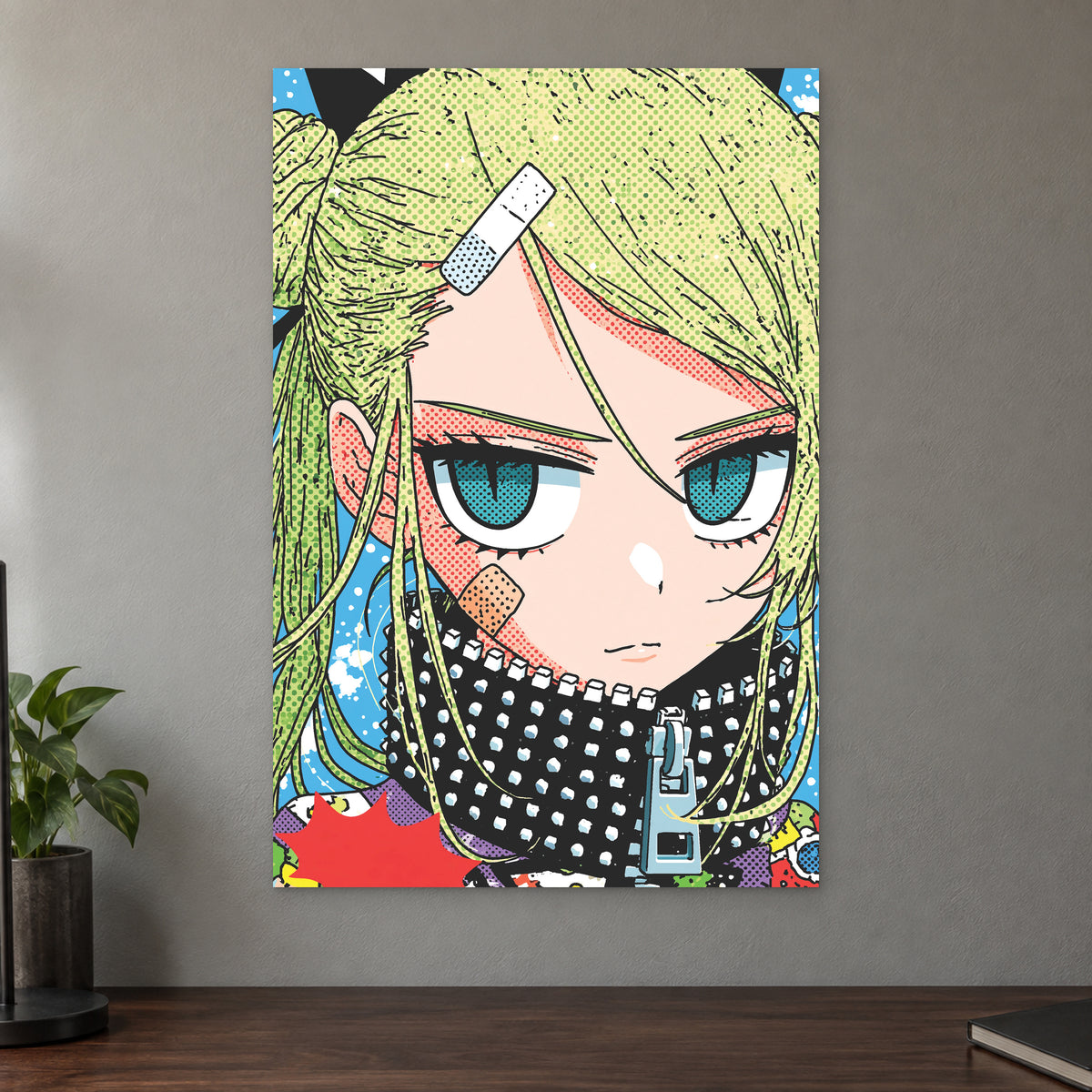 Patched Up Punk Manga Girl canvas wall art on a taupe wall above a dark walnut sideboard with a potted plant