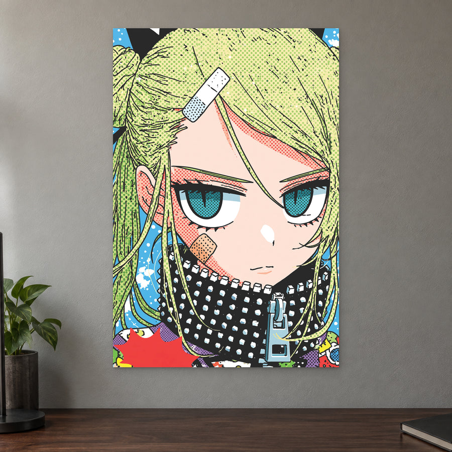 Patched Up Punk Manga Girl canvas wall art on a taupe wall above a dark walnut sideboard with a potted plant