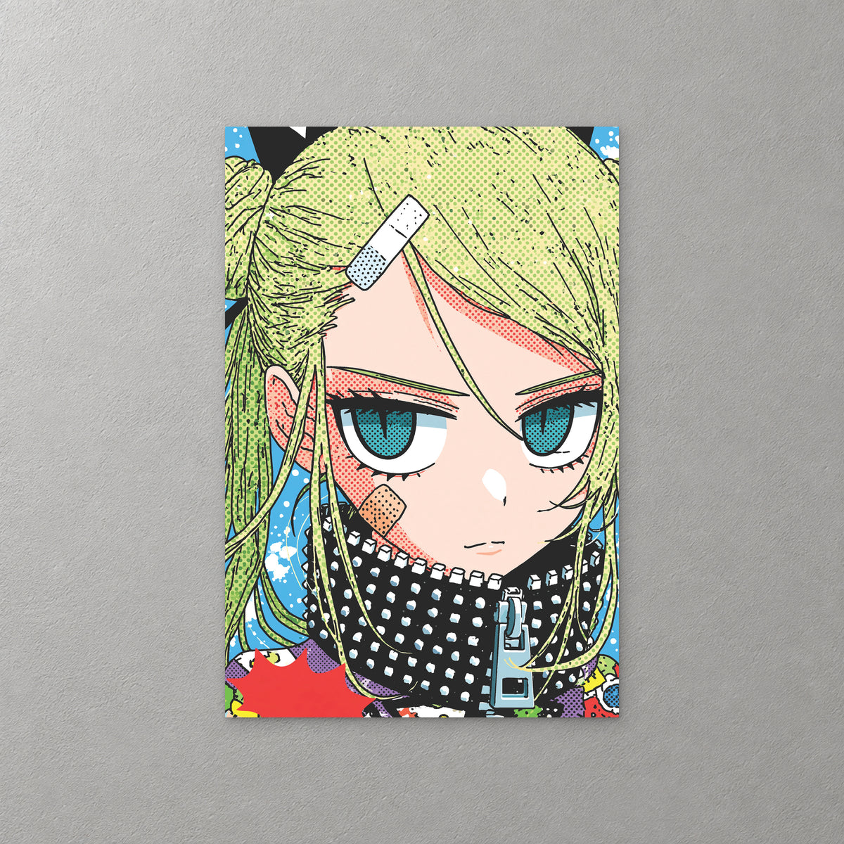 A manga girl with green-blond hair, teal eyes and a bandage on her head peers over a studded black collar, on a colourful comic background — canvas wall art print
