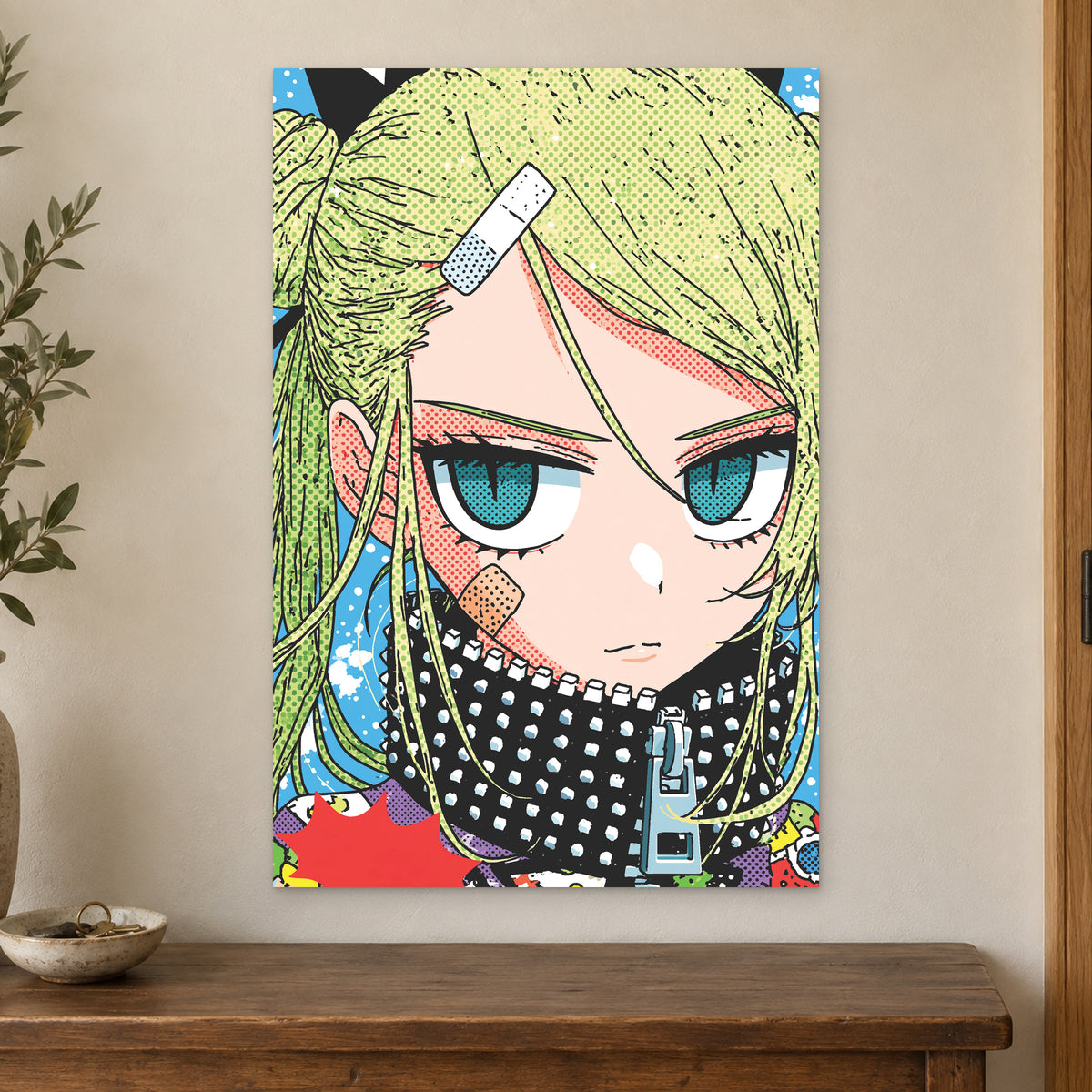 Patched Up Punk Manga Girl canvas wall art on a cream wall above a wooden sideboard beside a door frame