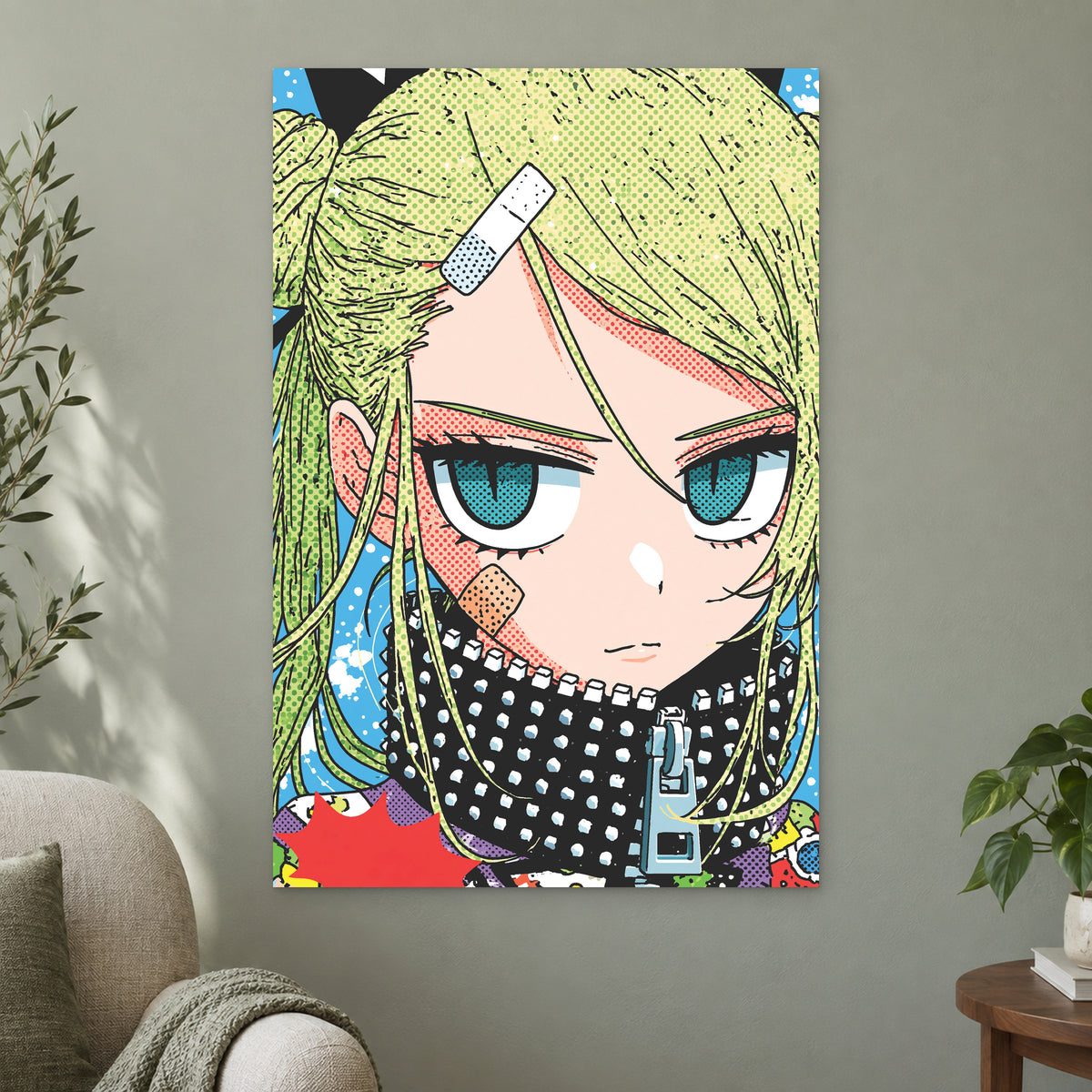 Patched Up Punk Manga Girl canvas wall art on a sage green wall beside a cream armchair