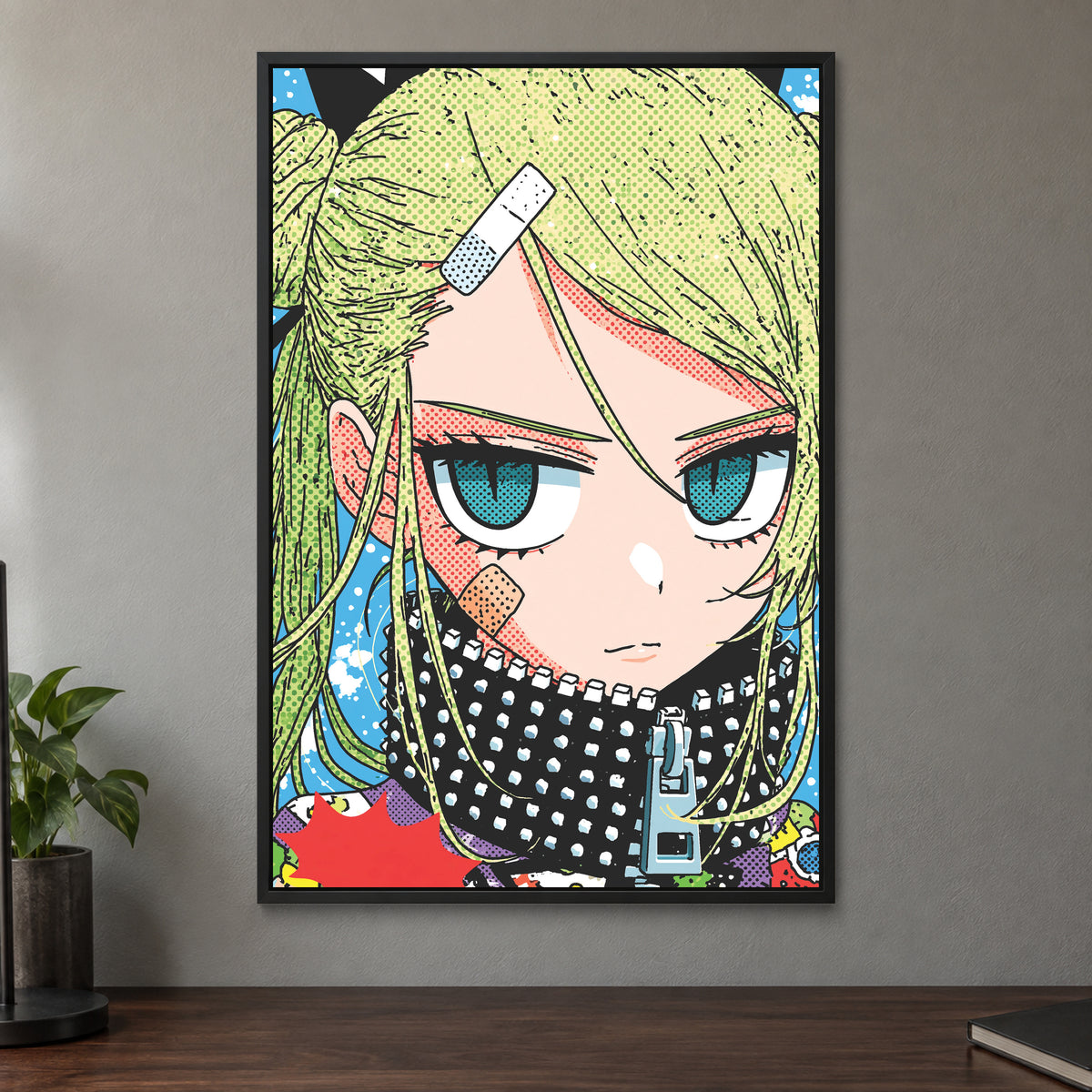 Patched Up Punk Manga Girl framed canvas in a black floating frame on a taupe wall above a dark walnut sideboard with a potted plant