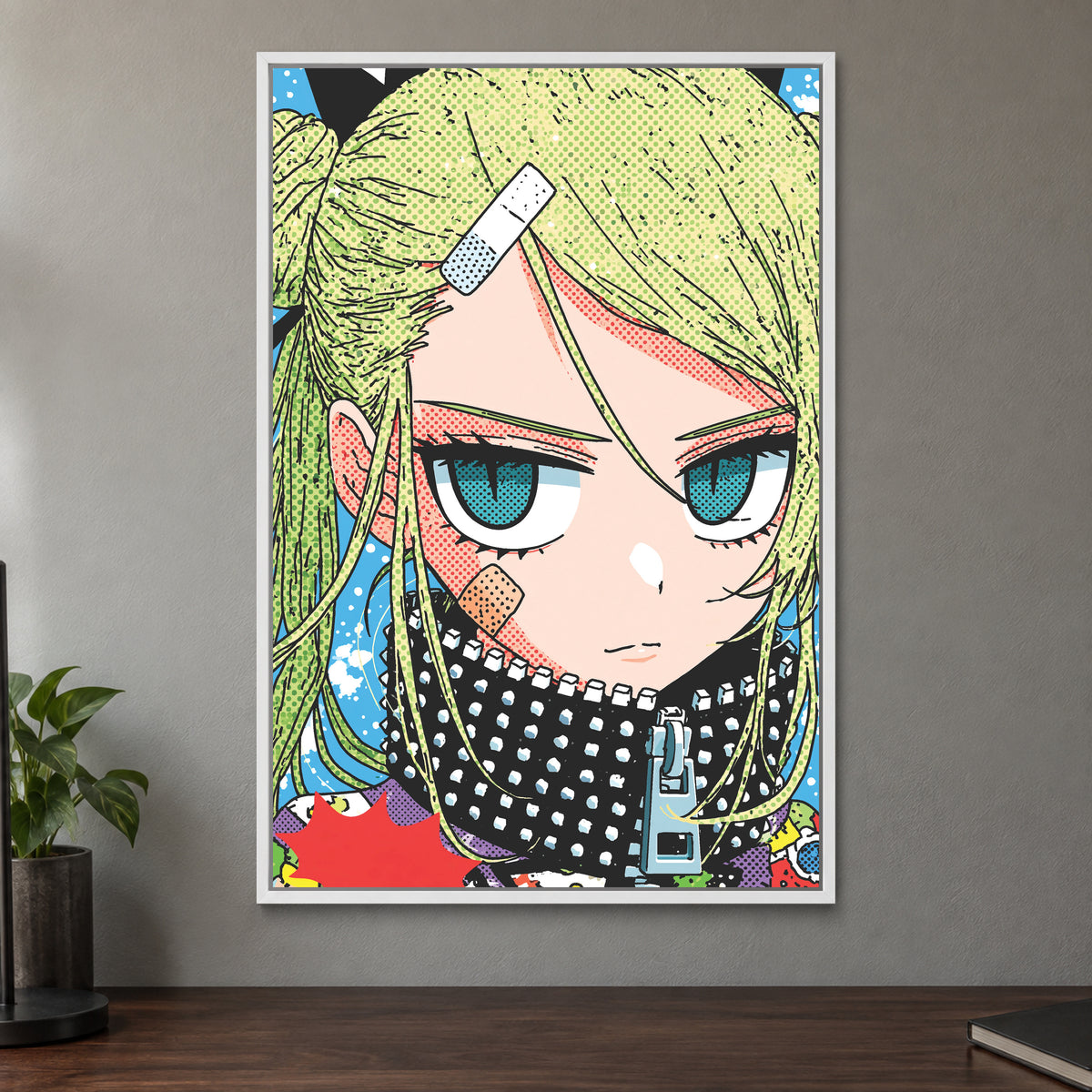 Patched Up Punk Manga Girl framed canvas in a white floating frame on a taupe wall above a dark walnut sideboard with a potted plant