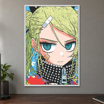 Patched Up Punk Manga Girl framed canvas in a white floating frame on a taupe wall above a dark walnut sideboard with a potted plant