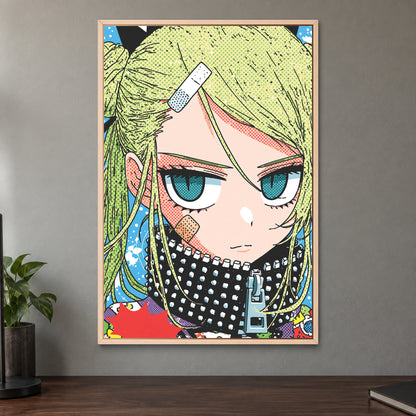 Patched Up Punk Manga Girl framed canvas in a natural wood floating frame on a taupe wall above a dark walnut sideboard with a potted plant