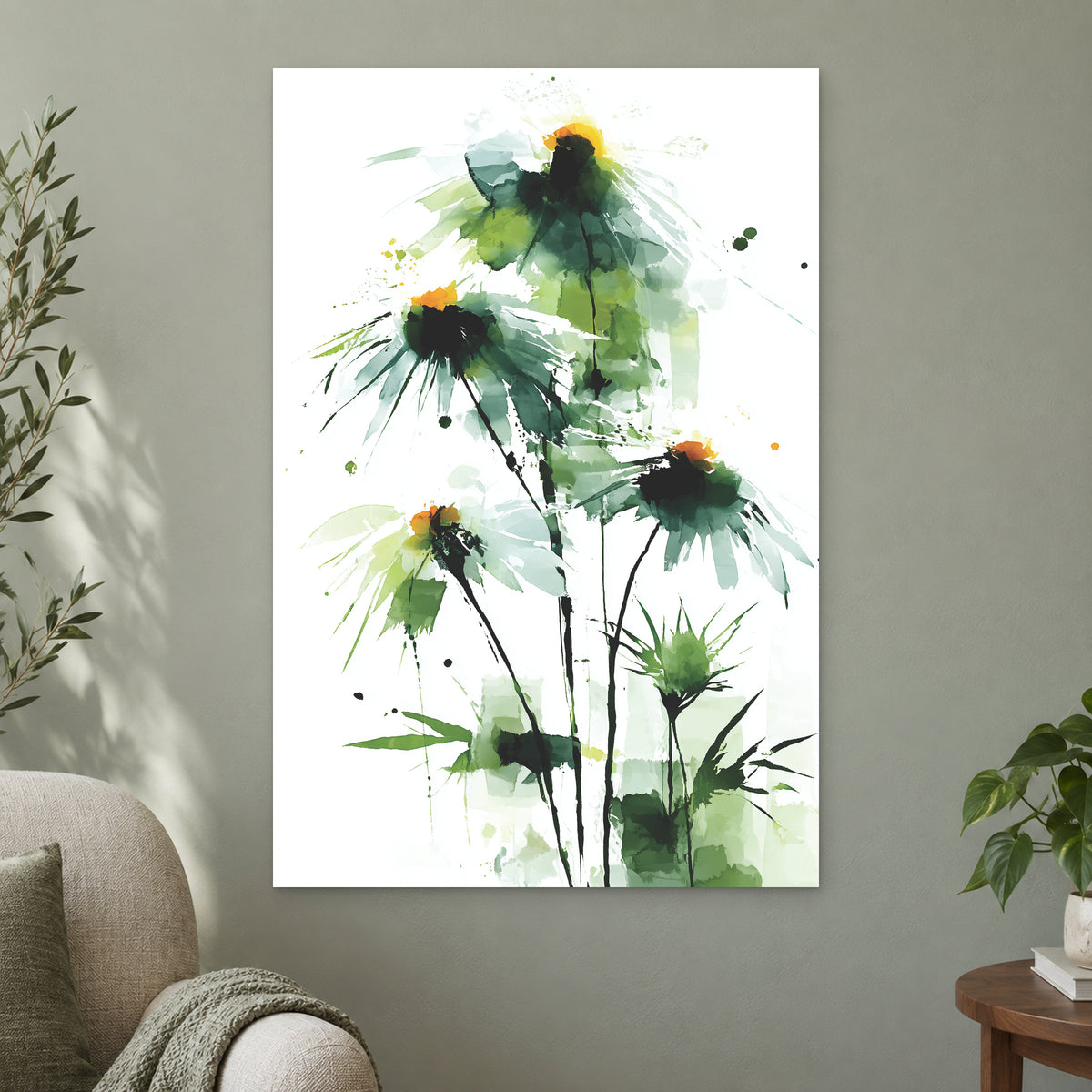 Wild Daisies Botanical Green canvas wall art on a sage green wall beside a cream armchair