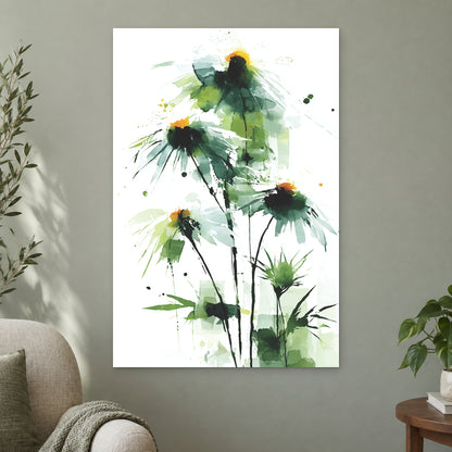 Wild Daisies Botanical Green canvas wall art on a sage green wall beside a cream armchair