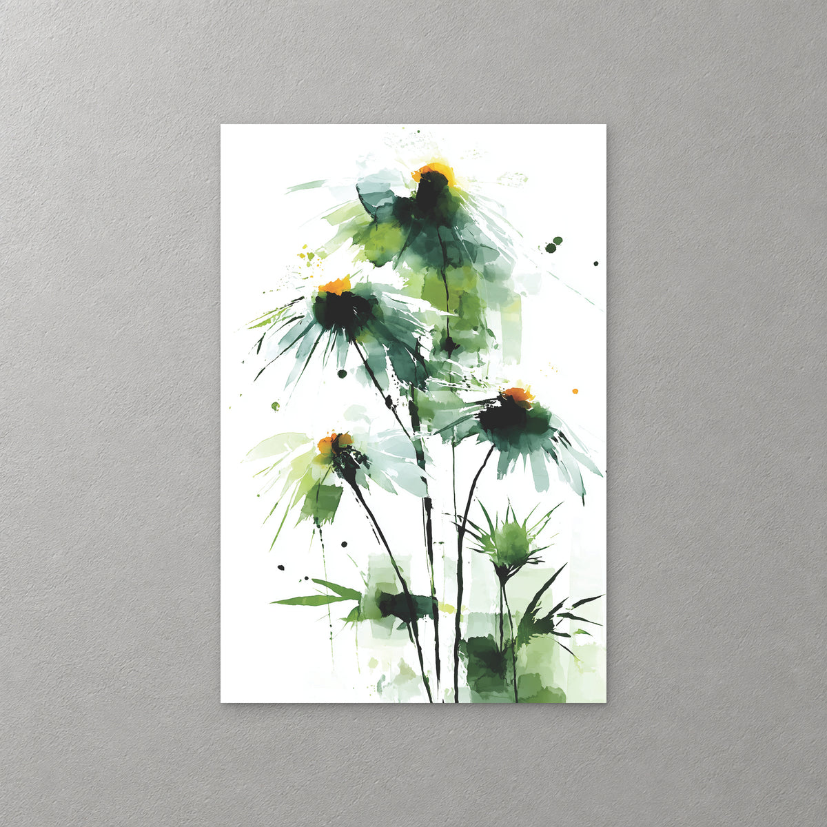 Green daisies with dark centres on tall stems, in loose green and black washes with splatters on a white ground — canvas wall art print