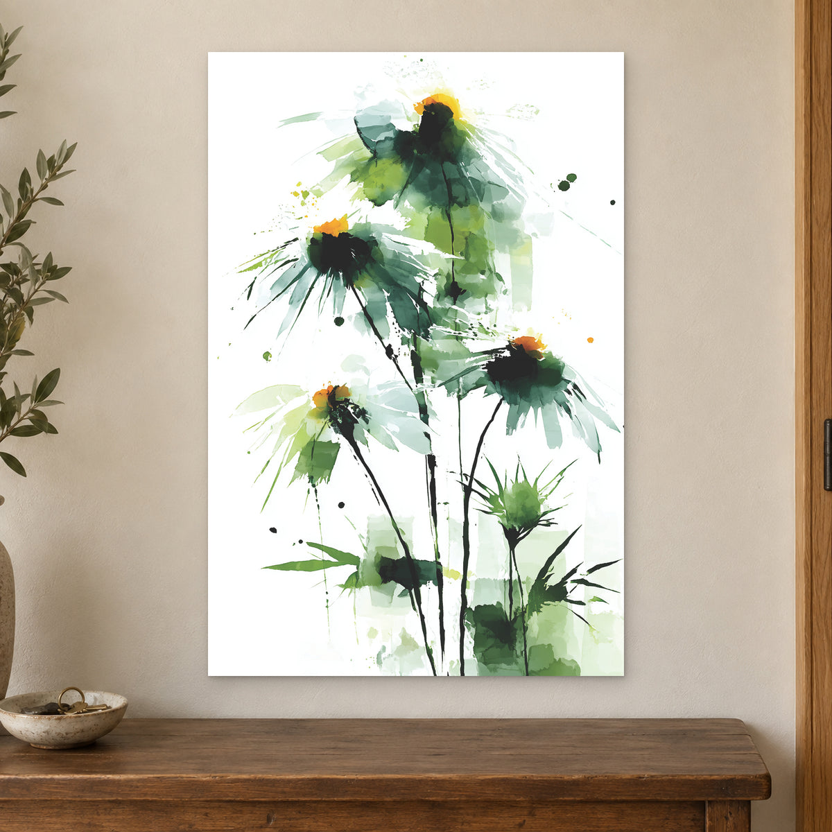 Wild Daisies Botanical Green canvas wall art on a cream wall above a wooden sideboard beside a door frame