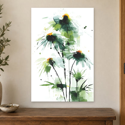 Wild Daisies Botanical Green canvas wall art on a cream wall above a wooden sideboard beside a door frame