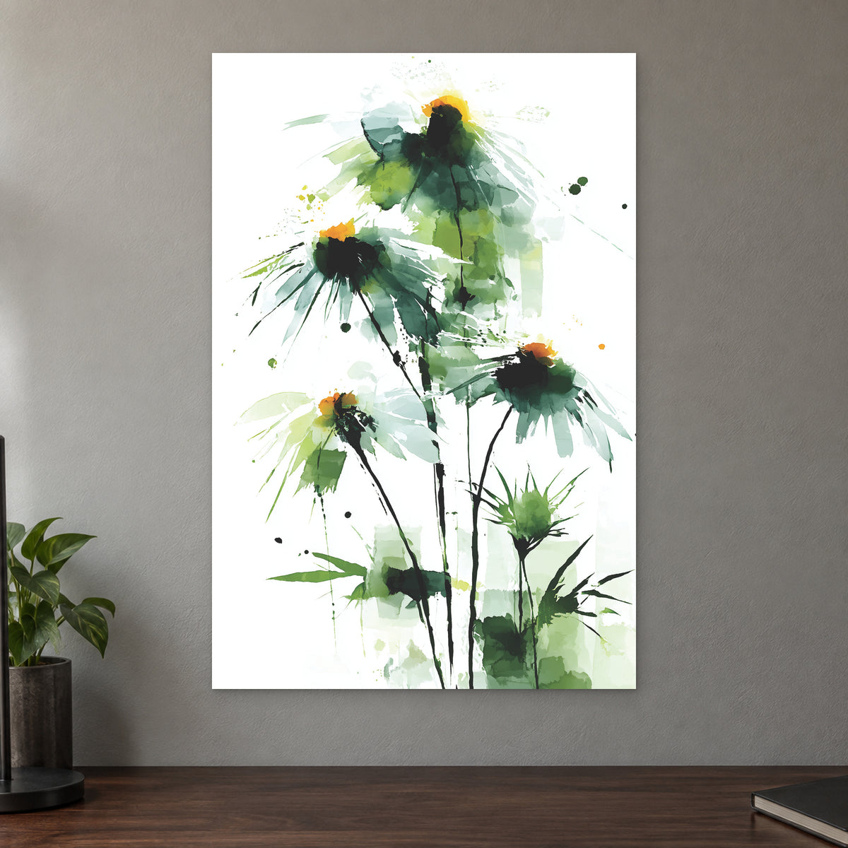Wild Daisies Botanical Green canvas wall art on a taupe wall above a dark walnut sideboard with a potted plant